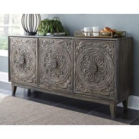 Signature Design By Ashley Fair Ridge Boho Hand Carved Wood Accent Cabinet Or Tv Stand, Dark Gray
