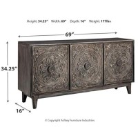 Signature Design By Ashley Fair Ridge Boho Hand Carved Wood Accent Cabinet Or Tv Stand, Dark Gray