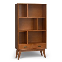 Simplihome Draper Solid Hardwood 35 Inch Mid Century Modern Wide Bookcase And Storage Unit In Teak Brown, For The Living Room, Study Room And Office