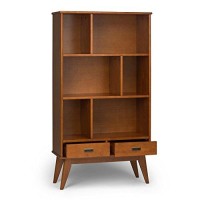 Simplihome Draper Solid Hardwood 35 Inch Mid Century Modern Wide Bookcase And Storage Unit In Teak Brown, For The Living Room, Study Room And Office