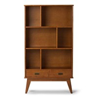 Simplihome Draper Solid Hardwood 35 Inch Mid Century Modern Wide Bookcase And Storage Unit In Teak Brown, For The Living Room, Study Room And Office