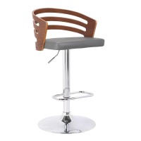 Armen Living Adele Adjustable Height Swivel Grey Faux Leather And Walnut Wood Bar Stool With Chrome Base