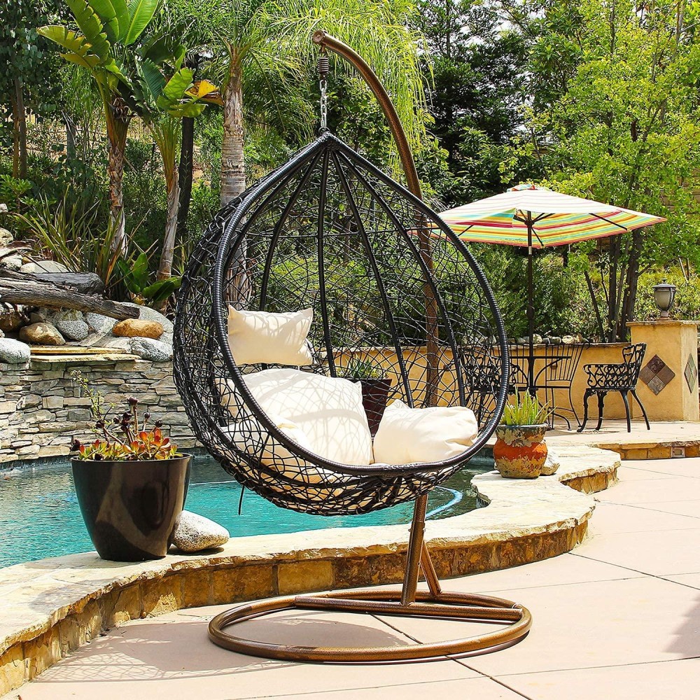 Jerry & Maggie - Patio Swing Chair Outdoor Wicker Plastic Tear Drop Swing Lounge Chair With Mat & Support Frame