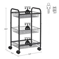 Songmics 3-Tier Metal Rolling Cart On Wheels With Baskets, Lockable Utility Trolley With Handles For Kitchen Bathroom Closet, Storage With Removable Shelves, Black Ubsc03Bk