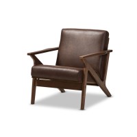 Baxton Studio Bianca Modern Walnut Wood Dark Brown Distressed Lounge Chair Mid-Centurydark Brownwalnut Brownfaux Leatherrubber Wood