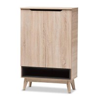 Baxton Studio Fella Mid-Century Modern Two-Tone Oak And Grey Wood Shoe Cabinetmid-Centurylight Browngrayparticle Boardmdf With Pu Paper