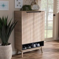 Baxton Studio Fella Mid-Century Modern Two-Tone Oak And Grey Wood Shoe Cabinetmid-Centurylight Browngrayparticle Boardmdf With Pu Paper