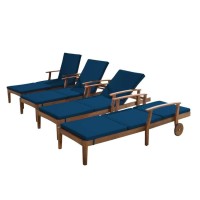 Christopher Knight Home Perla Outdoor Chaise Lounges With Water Resistant Cushions, 4-Pcs Set, Teak Finish / Blue