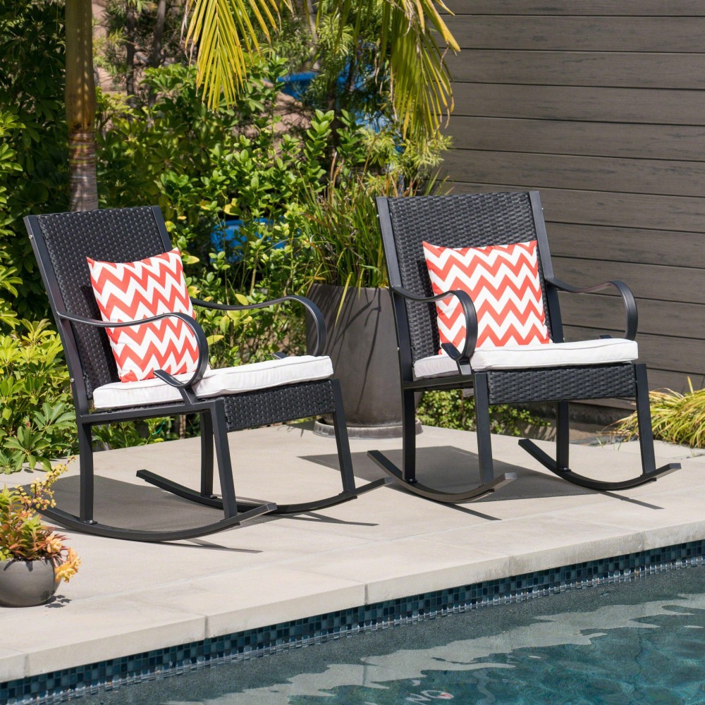 Christopher Knight Home Muriel Outdoor Wicker Rocking Chair (Set Of 2), Black/White Cushion