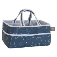 Galaxy Storage Caddy-Constellation Print Body And Handles, Rocket Ship Print Lining, Solid Trim, Dark Blue, Tonal Gray And Wht, Two Handles, 12 In X 6 In X 8 In