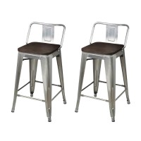 Gia Low Back Metal Barstool With Dark Wooden Seat 24 Counter Height(Set Of 2) - Gunmetal Color - Light Weight Easy Assemble And Stackable