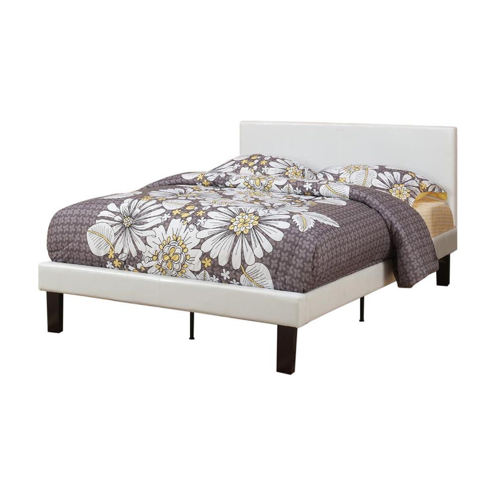 Benjara Serene Slated Wooden Full Bed In Faux Leather, White