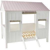 Benzara Wooden Cottage Full Bed, White And Pink