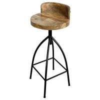 Benzara Industrial Style Adjustable Swivel Bar Height Stool With Backrest, Brown And Black