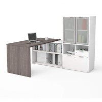 Bestar I3 Plus L-Shaped Desk With Frosted Glass Door Hutch, 72W, Bark Grey & White