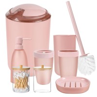 Imucci 8Pcs Pink Bathroom Accessories Set - With Trash Can,Toilet Brush,Toothbrush Holder, Lotion Soap Dispenser, Soap Dish,Toothbrush Cup,Qtip Holder