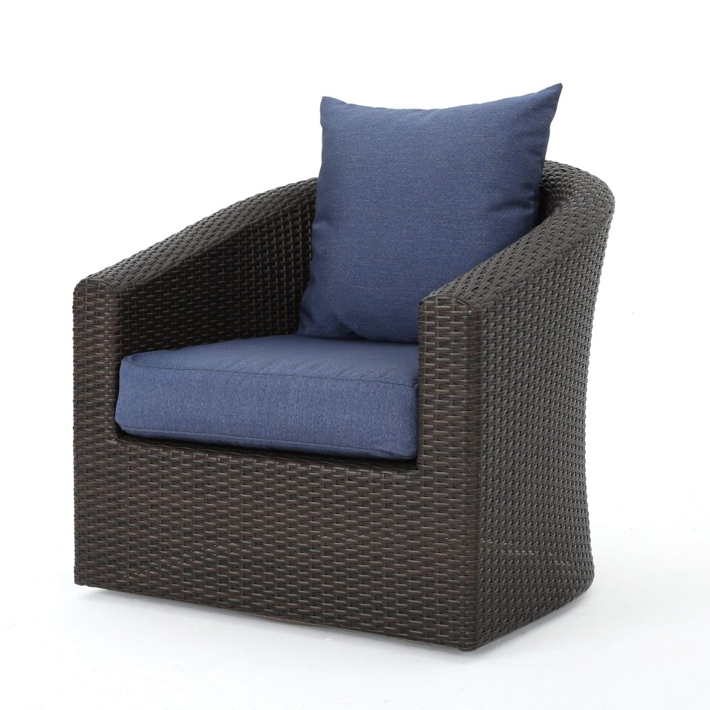 Christopher Knight Home Darius Outdoor Aluminum Framed Wicker Swivel Chair With Water Resistant Cushions, Mix Brown / Navy Blue