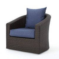 Christopher Knight Home Darius Outdoor Aluminum Framed Wicker Swivel Chair With Water Resistant Cushions, Mix Brown / Navy Blue