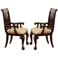 Traditional Style Wooden-Fabric Dinning Arm Chair With Carved Details Brown & Cream Set Of 2