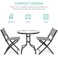 Best Choice Products 3-Piece Patio Bistro Dining Furniture Set W/Textured Glass Tabletop, 2 Folding Chairs, Steel Frame, Polyester Fabric - Gray