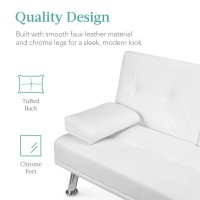 Best Choice Products Faux Leather Upholstered Modern Convertible Folding Futon Sofa Bed For Compact Living Space, Apartment, Dorm, Bonus Room W/Removable Armrests, Metal Legs, 2 Cupholders - White