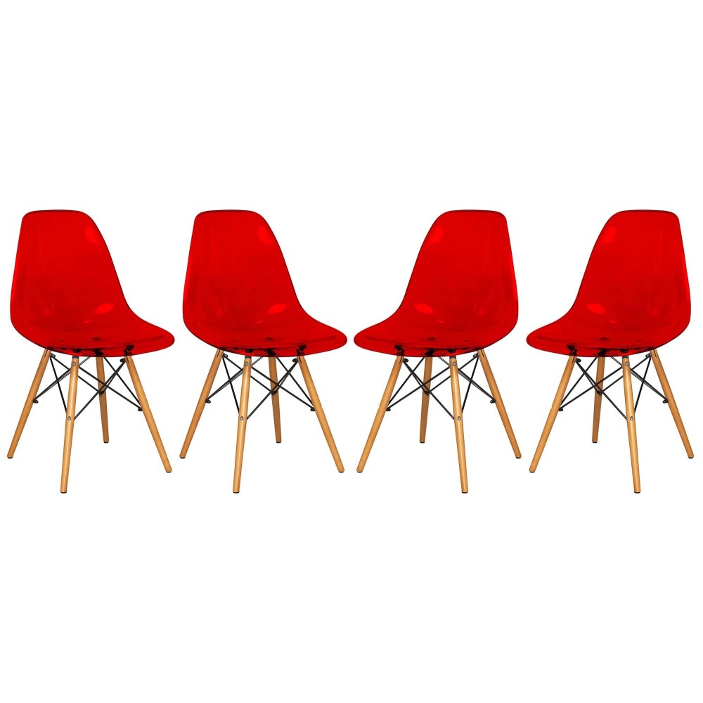 Leisuremod Dover Plastic Molded Dining Side Chair With Wood Dowel Legs Set Of 4 (Transparent Red)
