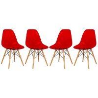 Leisuremod Dover Plastic Molded Dining Side Chair With Wood Dowel Legs Set Of 4 (Transparent Red)