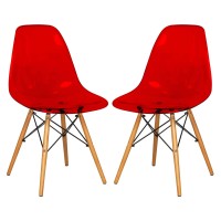 Leisuremod Dover Plastic Molded Dining Side Chair With Wood Dowel Legs Set Of 2 (Transparent Red)
