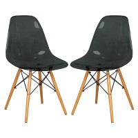 Leisuremod Dover Plastic Molded Dining Side Chair With Wood Dowel Legs Set Of 2 (Transparent Black)