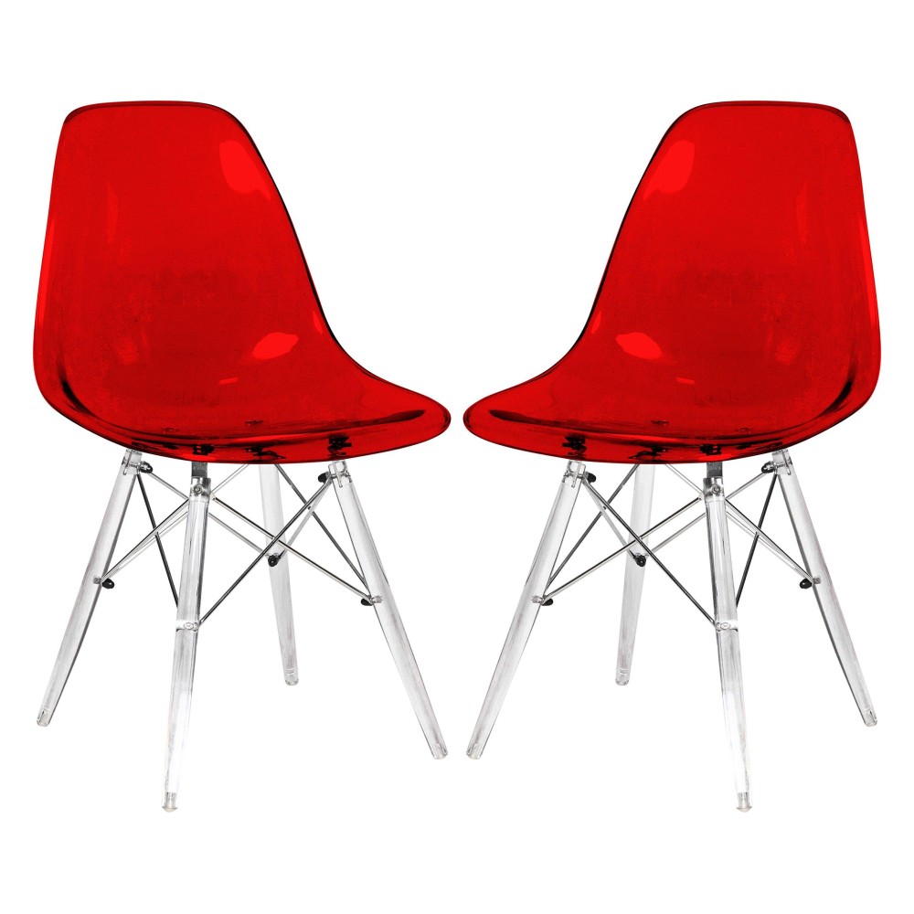 Leisuremod Calbert Molded Plastic Dining Chair With Acrylic Base Set Of 2 (Transparent Red)