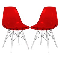 Leisuremod Calbert Molded Plastic Dining Chair With Acrylic Base Set Of 2 (Transparent Red)