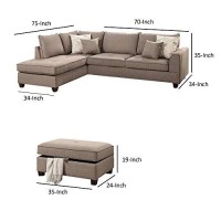 Benzara Dorris Fabric 3 Piece Sectional With Storage Ottoman Light Brown