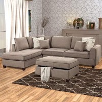 Benzara Dorris Fabric 3 Piece Sectional With Storage Ottoman Light Brown