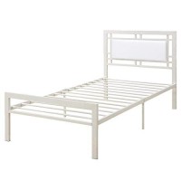 Benjara Metal Frame Twin Bed With Leather Upholstered Headboard White,