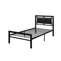 Benjara Metal Frame Twin Bed With Leather Upholstered Headboard Black,