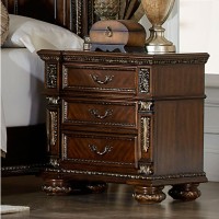 Benzara Intricately Carved Wooden Nightstand With Antique Brass Handles, Cherry Brown