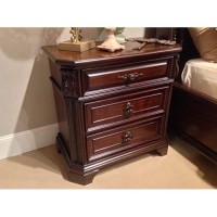 Benzara Intricately Carved Wooden Nightstand With Antique Brass Handles, Cherry Brown