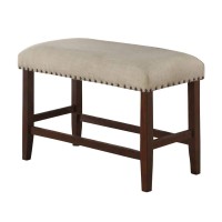 Benjara Rubber Wood High Bench With Cream Upholstery Brown