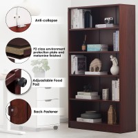 Wood Bookcase 5-Shelf Freestanding Display Wooden Bookshelf For Home Office School (11.6*33W*59.8 H, Mahogany)