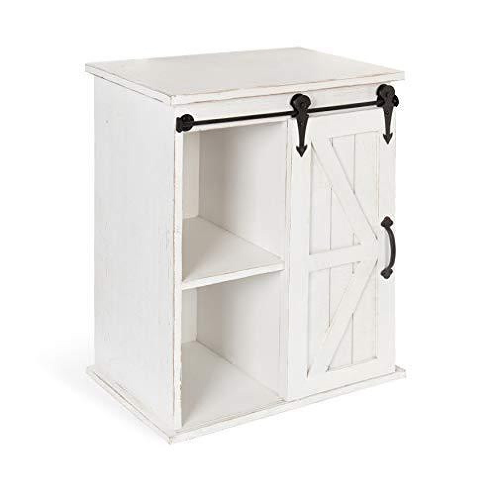 Kate And Laurel Cates Wooden Freestanding Storage Cabinet Side Accent Table With Sliding Barn Door, Antique White Finish