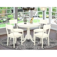 East-West Furniture Kitchen Dining Table Set- 4 Fantastic Wooden Dining Chairs - An Attractive Pedestal Dining Table- Faux Leather Seat And Linen White Finish Round Wooden Dining Table