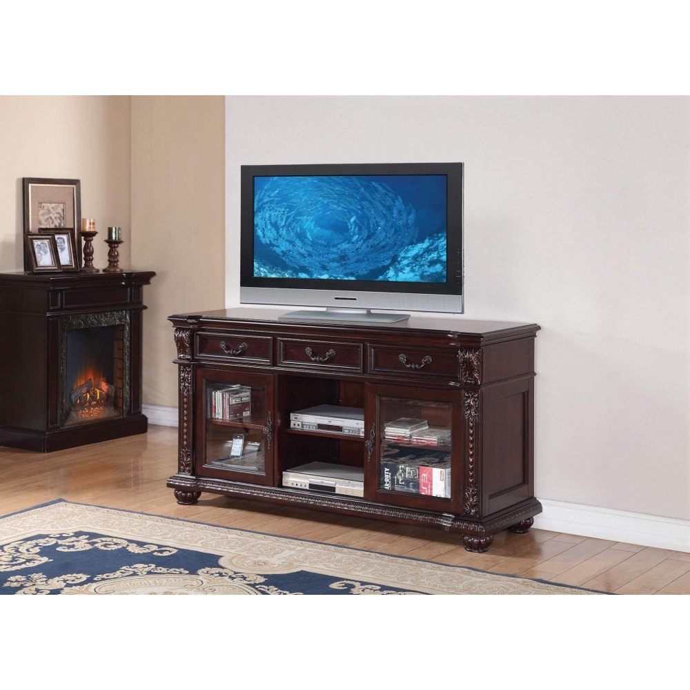 Homeroots Poplar Wood, Glass 65 X 20 X 34 Cherry Poplar Wood Tv Stand