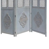 The Urban Port Tup Three Panel Wooden Room Divider With Traditional Carvings And Cutouts, Blue