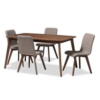 Baxton Studio Sugar Mid-Century Modern Light Grey Fabric Upholstered Walnut Wood Finished 5-Piece Dining Set