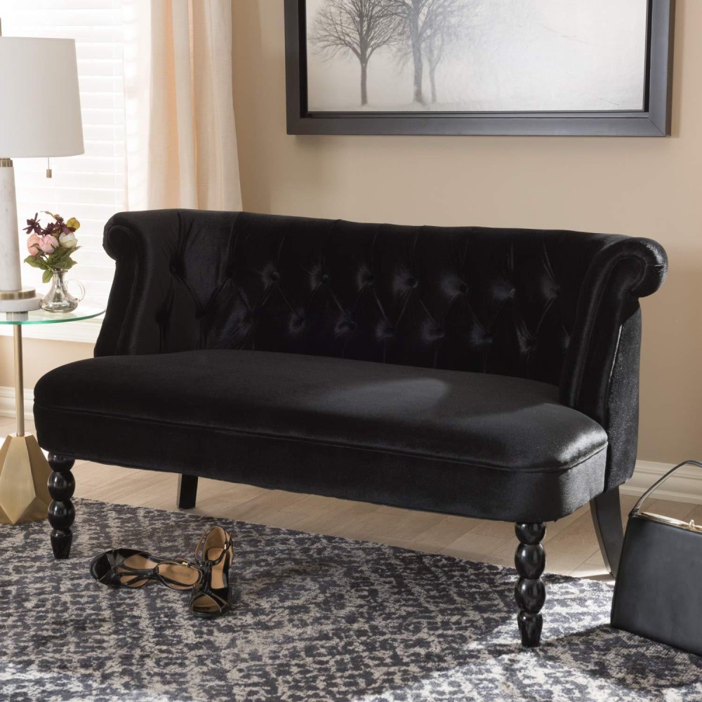 Baxton Studio Flax Victorian Style Contemporary Black Velvet Fabric Upholstered 2-Seater Loveseat