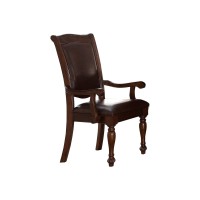 Traditional Style Wood & Leather Dining Side Arm Chair, Brown & Dark Brown, Set Of 2