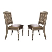 Benjara Benzara Wood And Leather Dining Chair, Set Of Two, Silver And Brown,