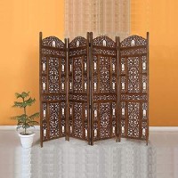 Benzara Handcrafted Wooden 4 Panel Room Divider Screen With Tiny Bells - Reversible, Antique Brown