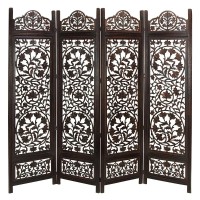 Handcrafted Wooden 4 Panel Room Divider Screen Featuring Lotus Pattern-Reversible(D0102H7El9G.)