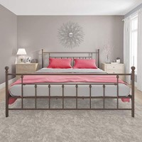 Dhp Manila Metal Bed With Round Finial Post Headboard And Footboard, Adjustable Base Height For Underbed Storage, No Box Spring Needed, King, Bronze